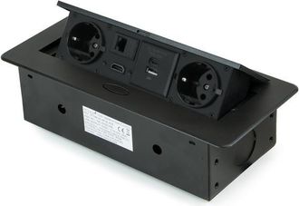 Emuca Multiconector Atom 26, 225x111mm, 2 Enchufes Tipo Schuko, 1 Usb Tipo A, 1usb Tipo C, 1 Rj45, 1 Hdmi, Zamak-acero-pl&aacute;stico, Negro - Emuca