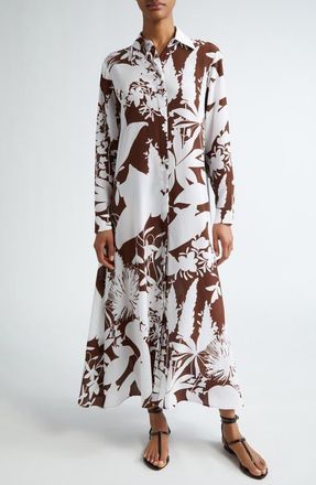 Michael Kors Shadow Floral Print Long Sleeve Silk Cr&ecirc;pe de Chine Shirtdress in Nutmeg/Optic White at Nordstrom, Size 14