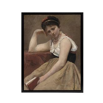 Artery8 Camille Corot Interrupted Reading Woman Portrait Framed Canvas Art in Brown | Size: W24 x H32