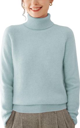 Dissa Women Cashmere Jumper Light Blue Roll Neck Knitted Jumper Long Sleeve Relaxed Cashmere&Wool Thick Plain Ladies Sweater,UK 12,MH560