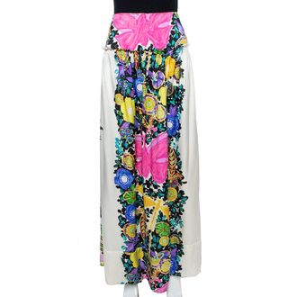 Roberto Cavalli Cream Flora & Fauna Print Satin Silk Maxi Skirt