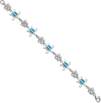 Diamond2Deal Sterling Silver Rhod-pltd 7in Creat Bl. Opal Tortoise with Flower Bracelet