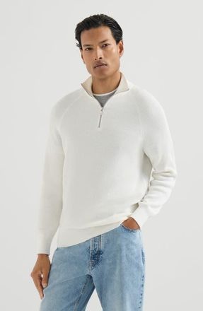 Brunello Cucinelli Cotton English rib sweater with half zip and raglan sleeves in Panama at Nordstrom, Size 50