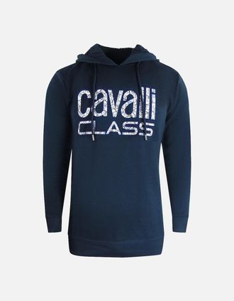 Roberto Cavalli Mens Cavalli Class Floral Logo Navy Blue Hoodie - Size: 42