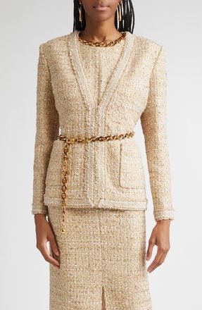 St. John Tweed Jacket with Chain Belt in Flax Willow/Ivory Multi at Nordstrom, Size 6