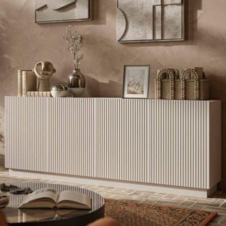 Dmora Aparador Masainas, Aparador De Sal&oacute;n Con Cuatro Puertas Batientes, Dise&ntilde;o Efecto Ca&ntilde;a, 150 X 40 X 48 Cm, Beige