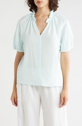 Caslon Split Neck Puff Sleeve Cotton Gauze Top in Teal Mint at Nordstrom Rack, Size X-Large