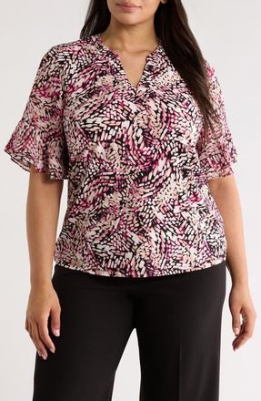 Anne Klein Abstract Print Ruffle Elbow Sleeve Top in Pink Berry Multi at Nordstrom, Size 3 X