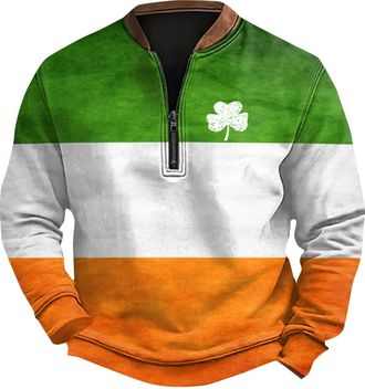 Generic Saint Patricks Day Sweatshirt Men Green Lucky Shamrock Graphic Long Sleeve Quarter Zip Pullover Tops St Patrick Day Clothes, White, L