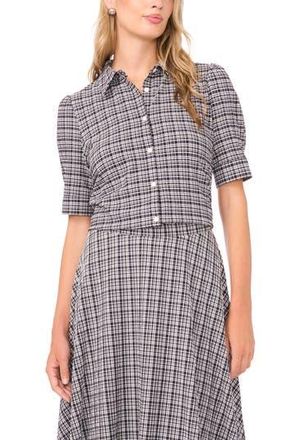 Vince Camuto Plaid Puff Sleeve Button-Up Top in Rich Black at Nordstrom Rack, Size Xx-Large