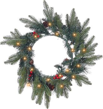 Beliani Beliani - Corona De Navidad Con Pi&ntilde;as Sint&eacute;ticas Y Bayas Para Puerta Con Luces Led 50 Cm Verde Whitehorn