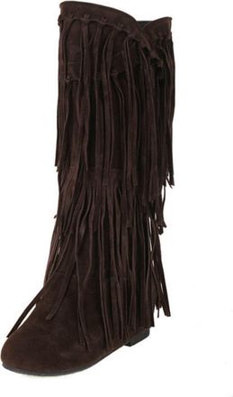 Generic Womens Round Toe Riding Boots with Flat Heel, Western Fringe Accents for Casual Wear,Brown,10 UK