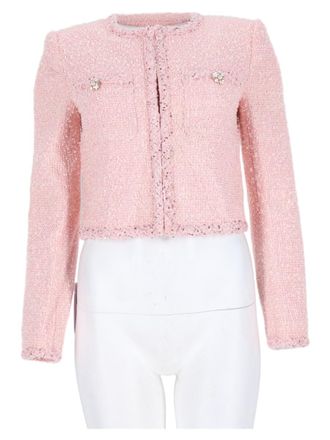 Self Portrait Cropped Textured Boucle Jacket with Decorative Button Accents