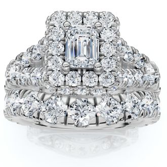 Pompeii3 4Ct TW Emerald Cut Halo Diamond Engagement Wedding Ring Set Lab Grown Gold