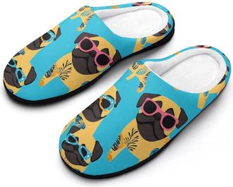 Generic Hawaiian Pug Dogs with Tattoo Mens Slippers Slip On Comfortable Fleece Cotton House Shoes Winter