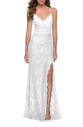 La Femme Lace Long Dress with Scallop Detail on Skirt Slit in Ivory at Nordstrom, Size 00