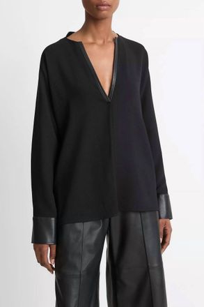 Vince Faux Leather-Trim Dolman-Sleeve Blouse In Black