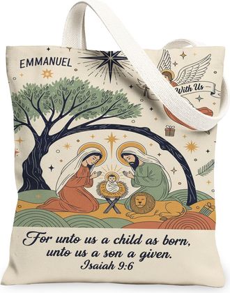 Generic Vintage Artistic Canvas Tote Bags, Nativity Scene Reusable Grocery Bags, Christmas Holiday Lightweight Washable Shoulder St, Beige, 13x15 Inch