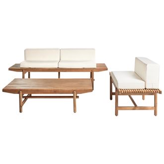 Beliani Conjunto De Jard&iacute;n 3 Plazas De Madera De Acacia Con Cojines Blanco Crema Giaveno