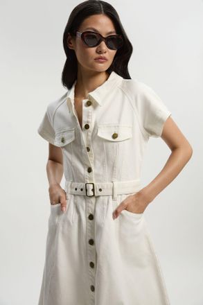 Karen Millen Womens Denim Corset Waist Detail Full Midi Dress - Cream Cotton - Size 12 UK