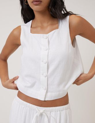 Nobody's Child White Linen-Blend Button Front Top