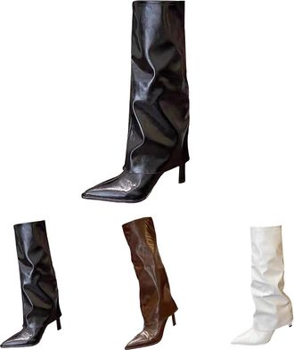 Generic Womens Fold Over Mid-Calf Boots Pointed Toe Stiletto Heel Knee High Boots Slouchy Comfortable Slip On Tall Boot Ladies Non-Slip Rubber Pull-On Rouched