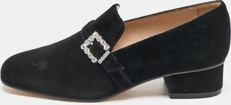 Stuart Weitzman Black Velvet Crystal Buckle Embellished Loafers
