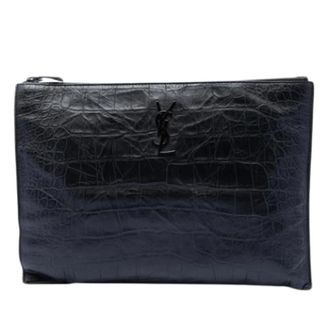Saint Laurent Pre-owned Clutches, female, Black, Size: ONE SIZE Pre-owned Croc Embossed Leather Clutch