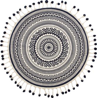 Beliani Beliani - Alfombra De Sal&oacute;n De Algod&oacute;n Crema Con Borlas Redondas &Oslash; 120 Cm Crema Azul Marino Tatvan