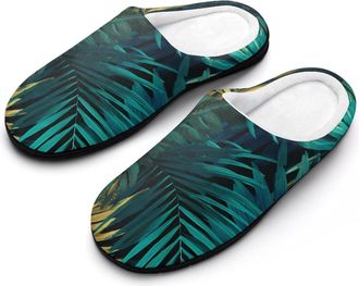 Generic Summer Tropical Palms Leaves Mens Cozy Cotton Slippers with Memory Foam Lightweight Anti-skid House Shoes for Indoor Outdoor