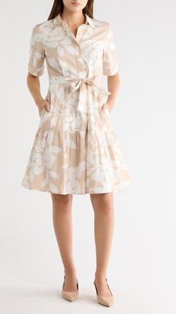 Calvin Klein Floral Short Sleeve Cotton Shirtdress in Cashew/Cream at Nordstrom Rack, Size 10