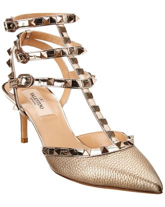 Valentino Rockstud Caged 65 Metallic Leather Ankle Strap Pump