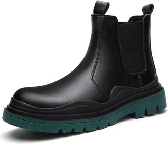 Generic Chelsea Boots For Men Elastic Bandage Wavy Border Cowhide Leather Slip On Wearable Non Slip Waterproof Casual Pull On(Green,6.5 UK)