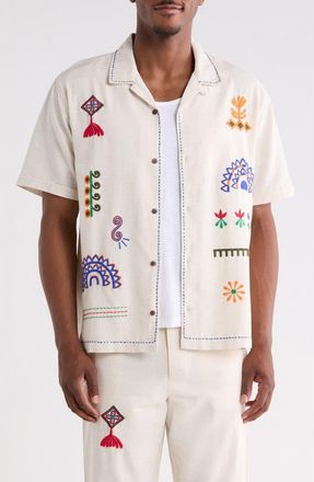 Raga Man Ranbir Embroidered Camp Shirt in Eggshell Multi at Nordstrom Rack, Size X-Large