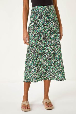 Roman Floral Print Elastic Waist Midi Skirt