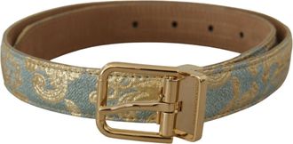 Dolce & Gabbana Womens Blue Leather Jacquard Embossed Gold Metal Buckle Belt - Size 65 cm