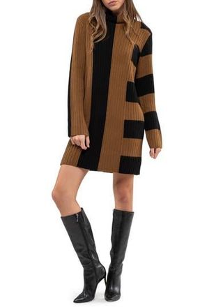 August Sky Colorblock Rib Long Sleeve Sweater Dress in Brown Multi at Nordstrom Rack, Size Medium