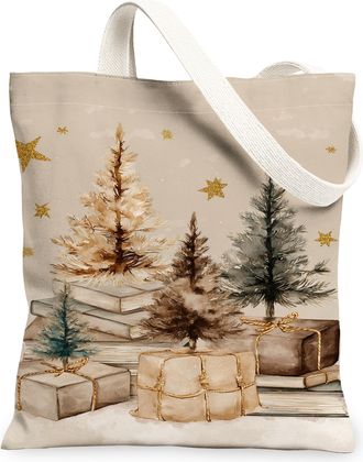 Generic Christmas Trees Canvas Tote Bags, Holiday Pattern Reusable Grocery Bags, Vintage Lightweight Washable Shoulder Strap Canvas for Outdoor Travel 13x15 I