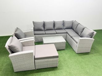 Fimous Garden Outdoor Rattan Furniture Sets 9 Seater Rattan Garden Sofa Set in Light Grey