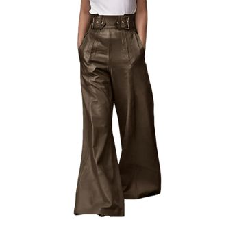 Generic Womens Faux Leather Pants, High Waist Pleated Wide Leg Flare Pants with Pockets Stylish Trousers for Going Out Party (Dark Brown,XXL)