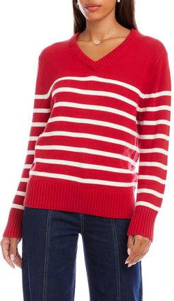 Karen Kane Stripe V-Neck Sweater in Red/white at Nordstrom, Size X-Large