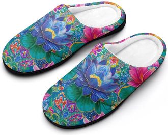 Generic Vintage Indians Traditional Floral Pattern Slippers Men Winter Warm Cotton Anti-Slip Indoor Slip-Ons House Shoes