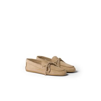 Miu Miu Suede Deck Loafers, Woman, Desert Beige, Size 39