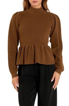 English Factory Mock Neck Peplum Rib Sweater in Brown at Nordstrom, Size Small