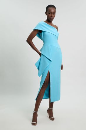 Karen Millen Womens Compact Stretch Ruffle Detail Asymmetric Pencil Dress - Turquoise - Size 16 UK