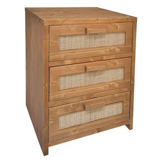 NATYAL Mesita de noche de madera maciza y rafia natural 3 cajones roble 40cm