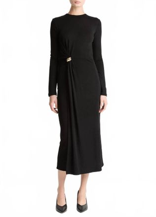 Vince Cinched-Waist Wool-Blend Long-Sleeve Dress In Black
