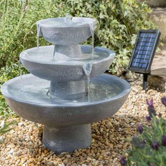 PRIMROSE 3 Tier Solar Powered Stone Effect Water Feature Outdoor 42cm in Light Grey