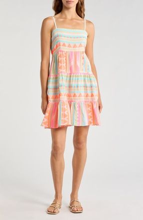 Elan Tiered Cotton Blend Cover-Up Dress in Neon Aztec at Nordstrom, Size Medium