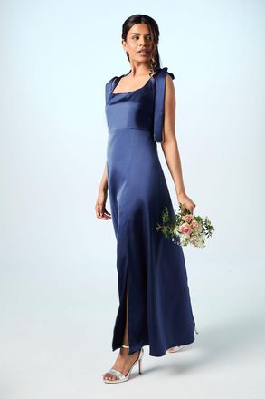 Oasis Womens Petite Satin Tie Shoulder Midi Bridesmaids Dress - Navy - Size 10 UK